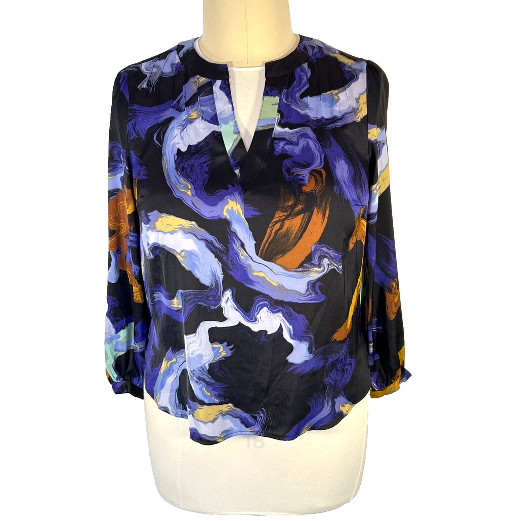 Nine West Tunic Blouse Women's L Black Blue Brown Marble V-Neck Balloon Sleeve